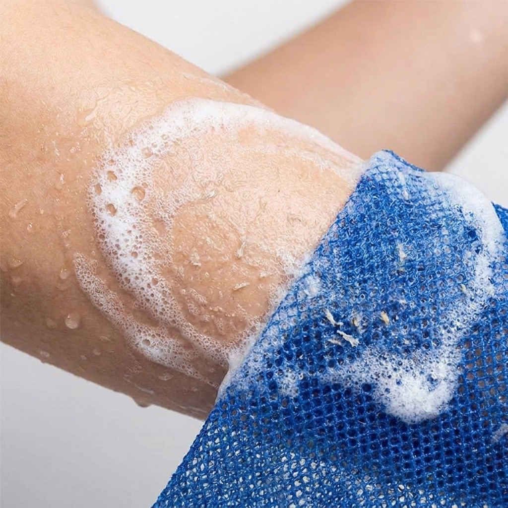 Anwendung des NALIYA African Net Sponge zum Peeling am Arm gegen raue Haut