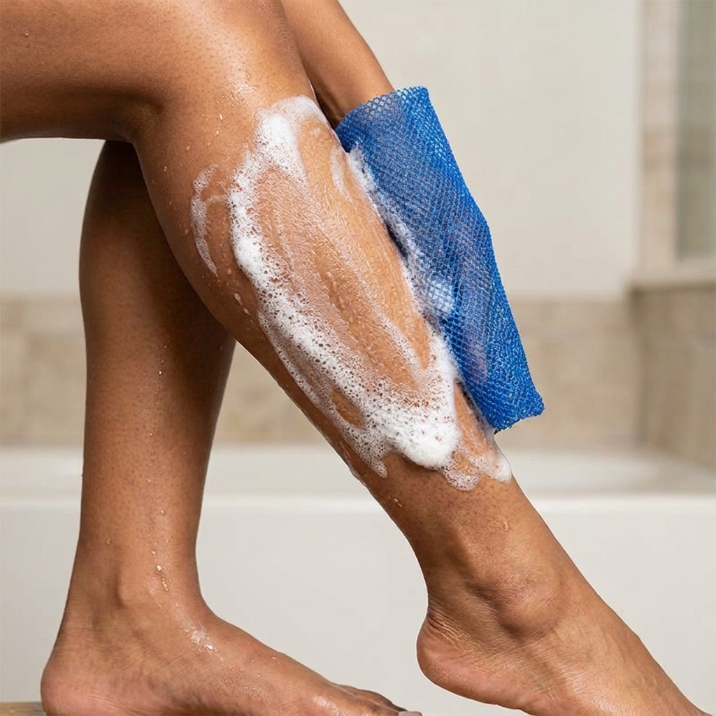Frau nutzt den African Net Sponge zum Peeling am Bein