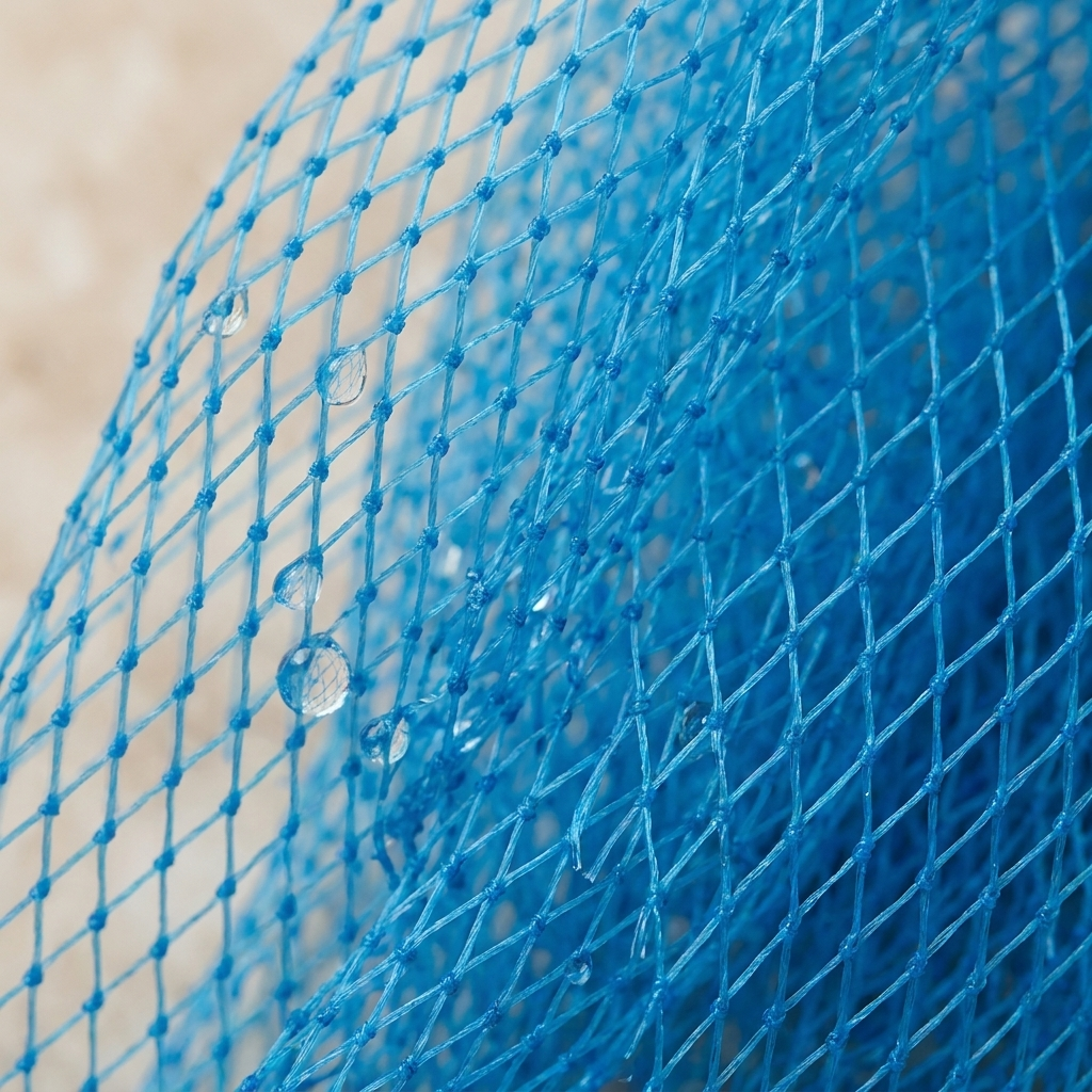 African Net Sponge aus blauem Netz in Nahaufnahme mit Wassertropfen